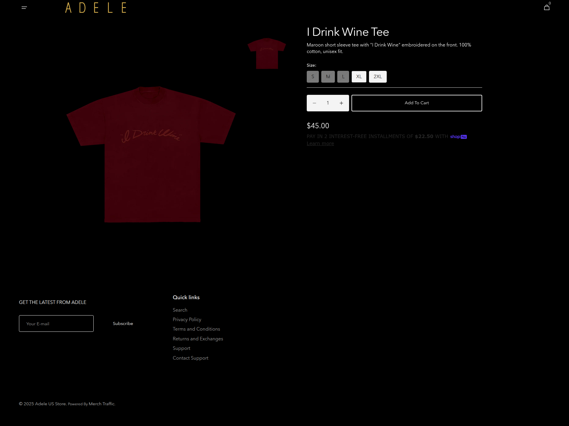 Adele - A product details page for an 'I Drink Wine Tee' displaying a maroon t-shirt with product information, size selection, quantity controls, and purchase options on a dark-themed layout.