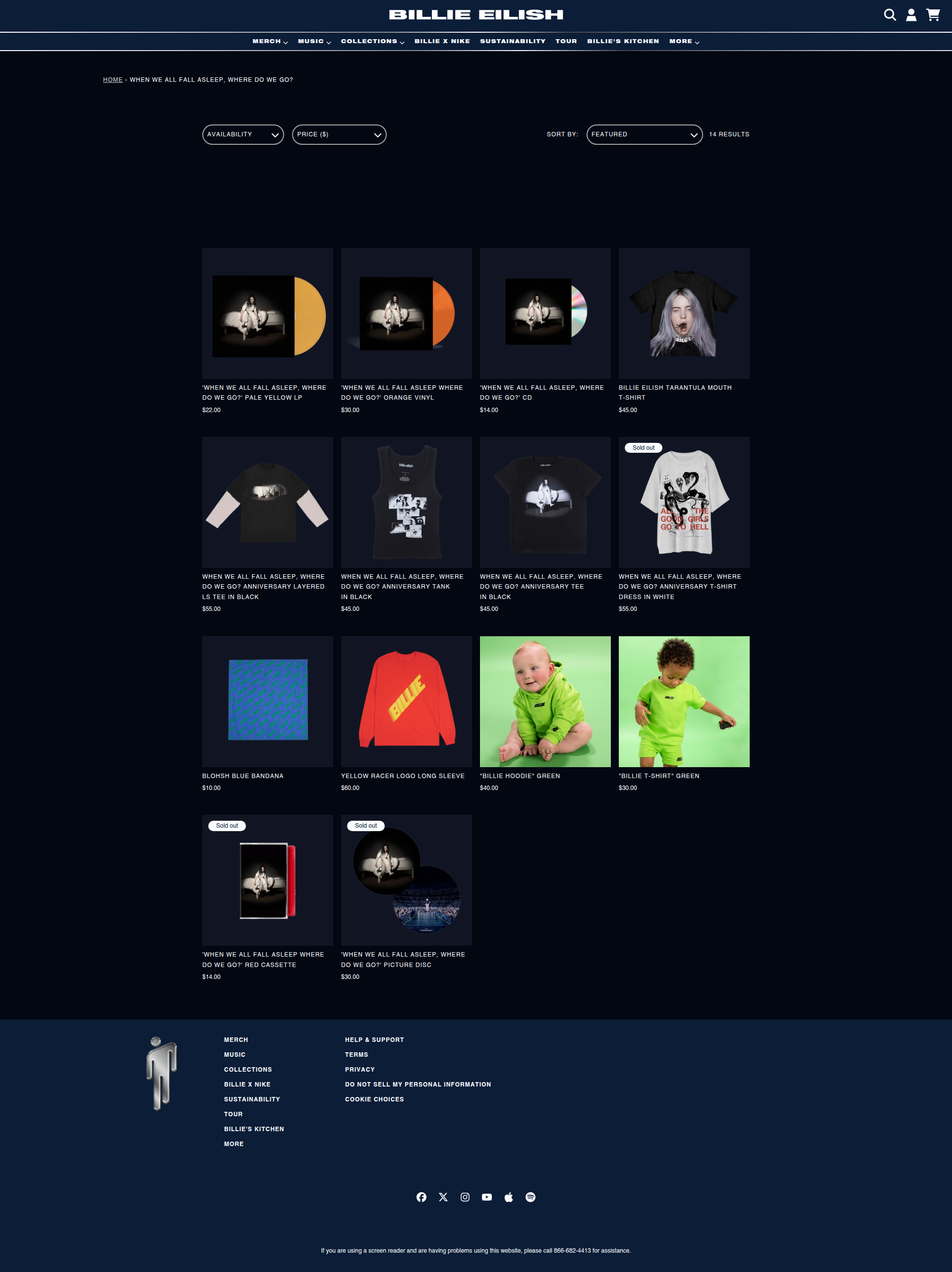 Billie Eilish - This is a product listing page for Billie Eilish merchandise showing a grid layout of various products including vinyl records, CDs, t-shirts, and other merchandise items from the 'When We All Fall Asleep, Where Do We Go?' collection with filtering and sorting options at the top.