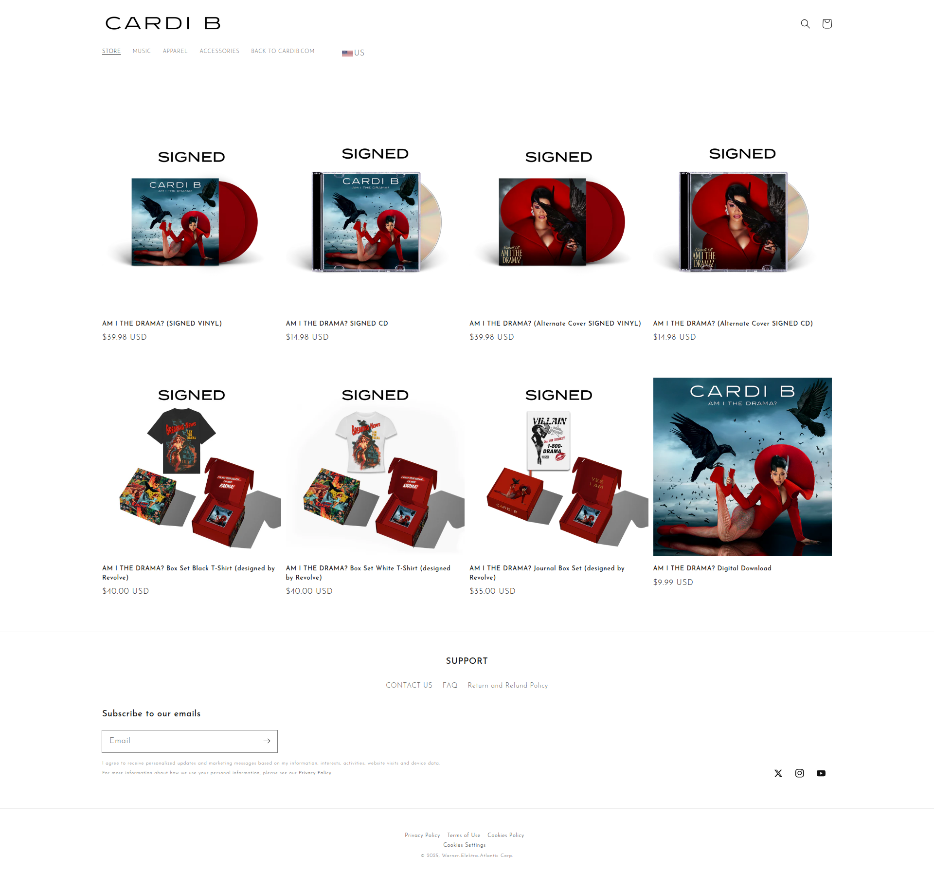 Cardi B - This is a product listing page for Cardi B's merchandise showing a grid layout of signed items including vinyl records, CDs, t-shirts, and digital downloads. The page displays multiple product variants with prices and features a footer section with newsletter signup and support links.