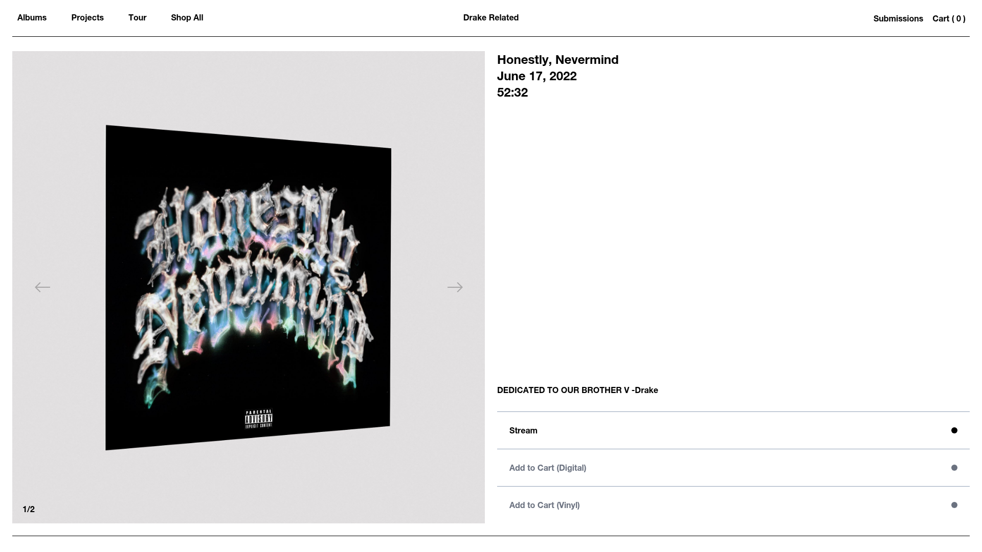 Drake - This is a product details page for Drake's album 'Honestly, Nevermind' showing the album cover art on the left with navigation arrows, and product information including title, release date, duration, and purchase options on the right side.