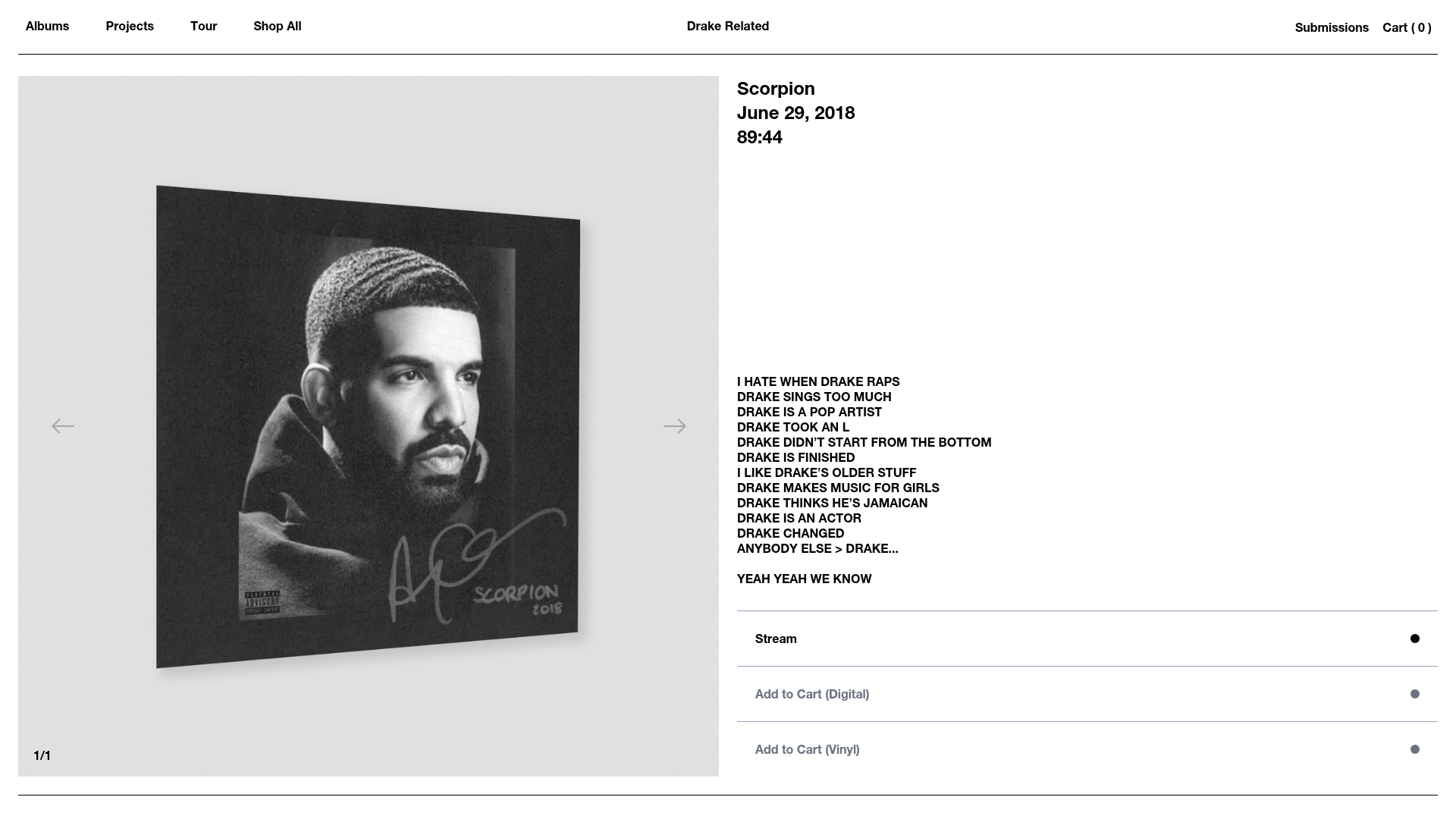 Drake - A product details page for Drake's 'Scorpion' album showing a large product image on the left with album artwork and track listing/lyrics on the right, along with streaming and purchase options.
