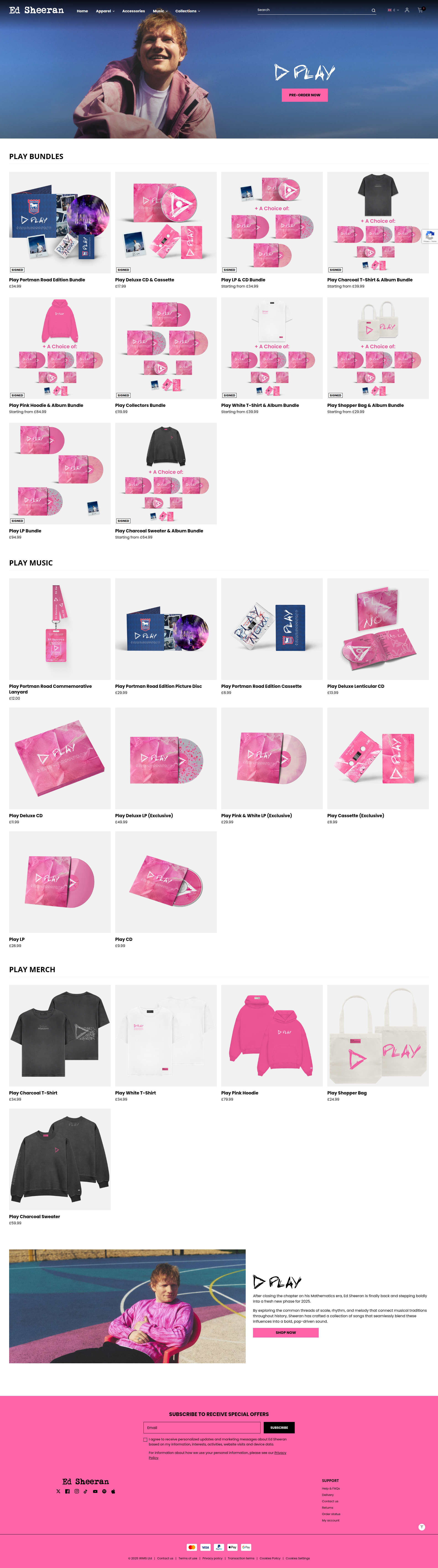 Ed Sheeran - This is Ed Sheeran's official merchandise store page featuring a hero section with his image and play button, followed by organized product sections for 'Play Bundles', 'Play Music', and 'Play Merch' displaying various albums, vinyl records, and branded merchandise.