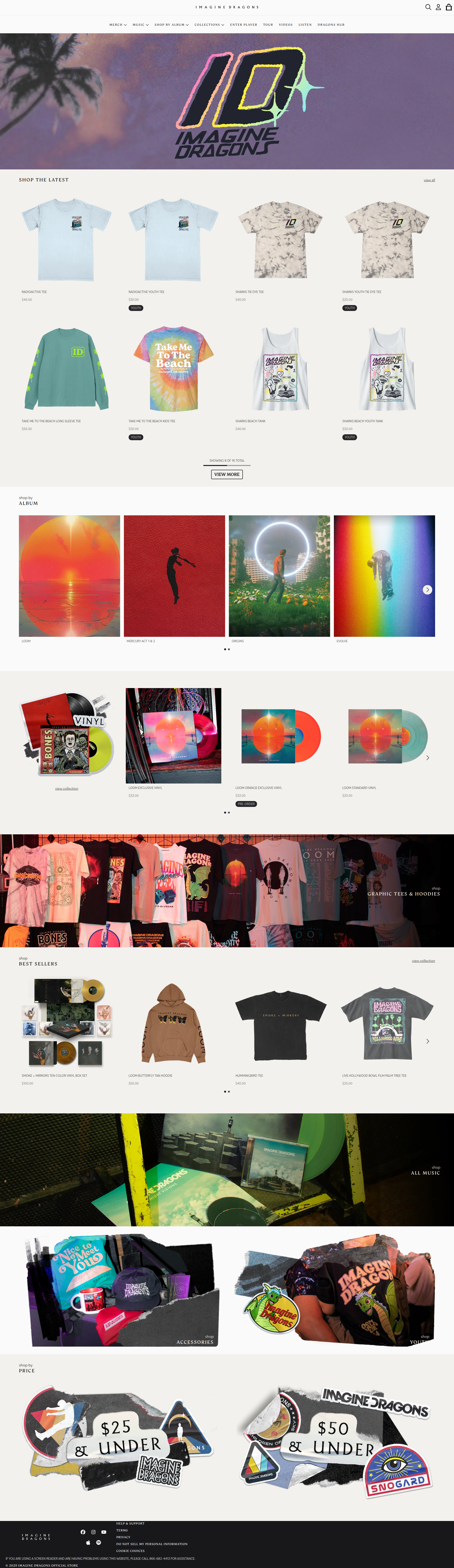 Imagine Dragons - This is the homepage for Imagine Dragons' official merchandise store, featuring a full-page layout with the band's logo, product sections showcasing apparel and vinyl records, and promotional areas for different price points.