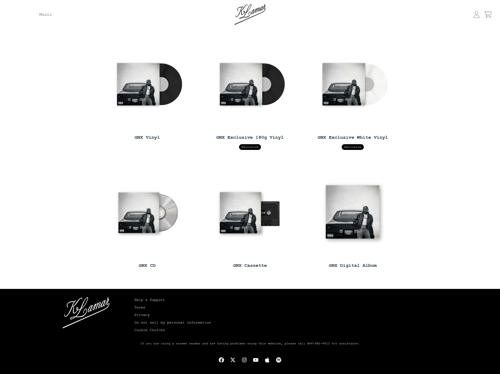 Kendrick Lamar - A product listing page displaying multiple vinyl and album formats of what appears to be a 'GNX' release, arranged in a 2x3 grid layout with product images and titles, plus footer with social links and legal information.