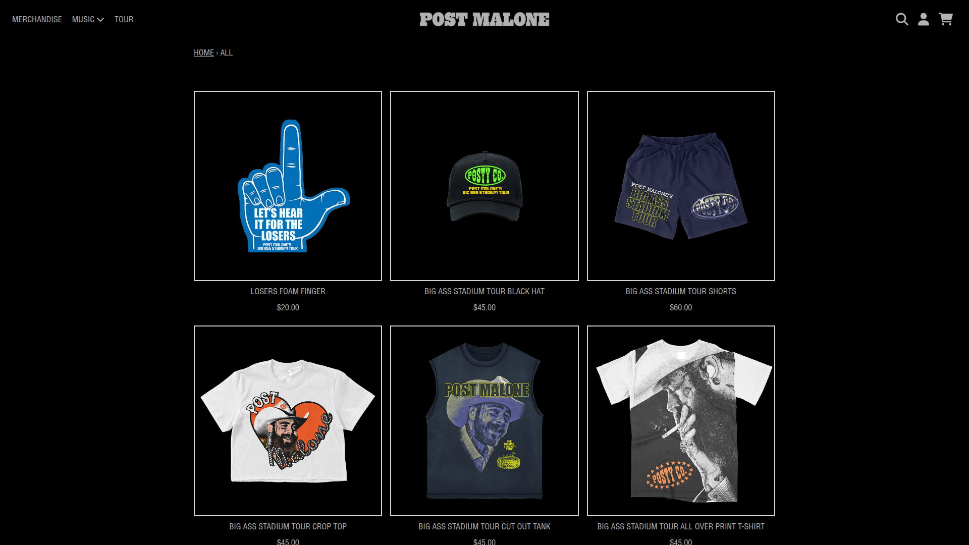 Post Malone - A merchandise product listing page for Post Malone featuring a 2x3 grid layout of tour-related items including foam fingers, hats, shorts, and various t-shirts, all with product names and prices displayed on a dark theme.