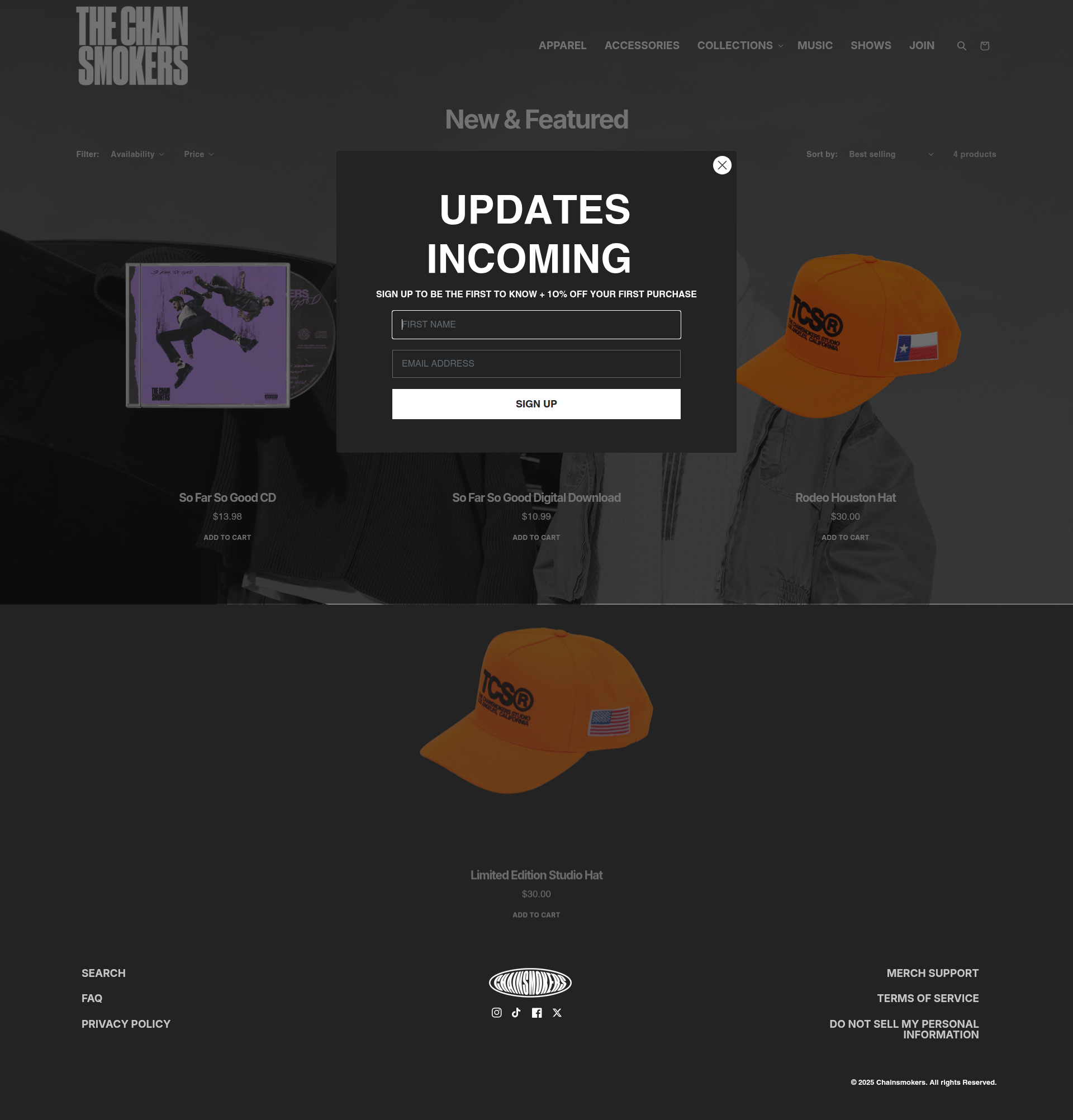 The Chainsmokers - A dark-themed product listing page showing 'New & Featured' items with a newsletter signup modal overlay prominently displayed in the center, featuring product cards for music and merchandise items below.